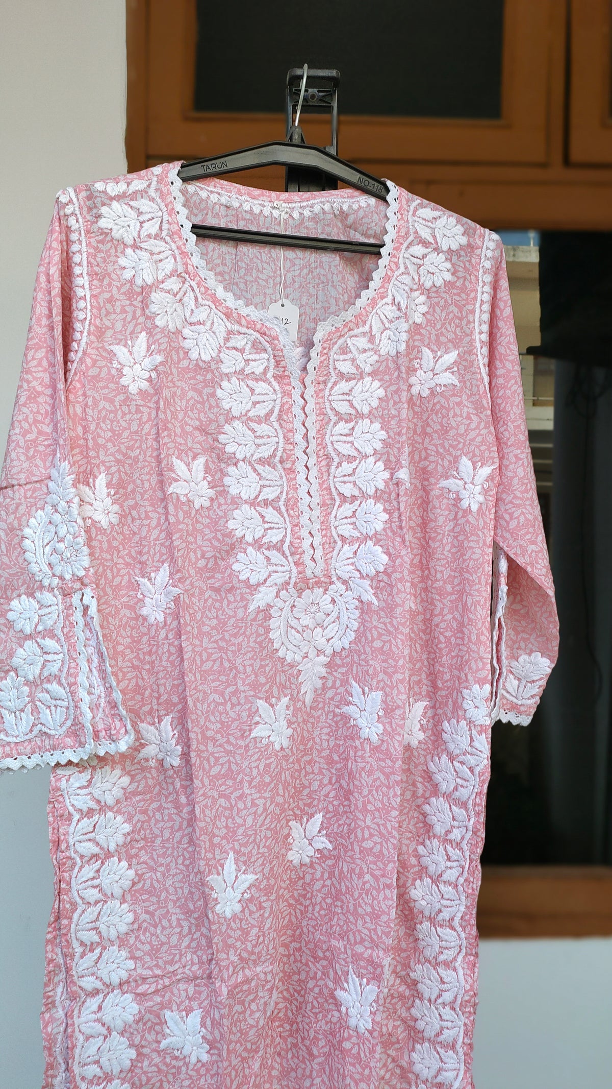 Green wrist cut premium mul soft cotton kurti with intricate handmade Lucknow Chikankari embroidery by LVW Fashions.