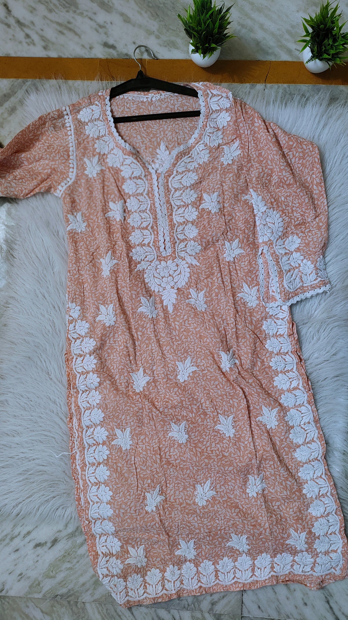 Green wrist cut premium mul soft cotton kurti with handmade Lucknow chikankari embroidery by LVW Fashions.