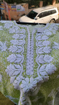 Green wrist cut premium mul soft cotton kurti with handmade Lucknow Chikankari embroidery by LVW Fashions.