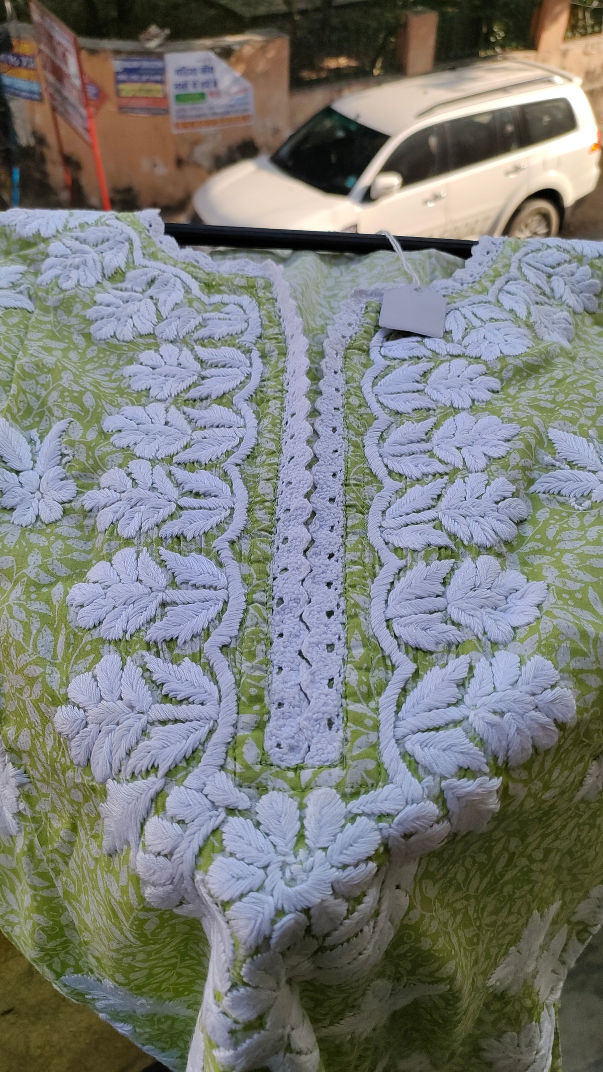 Green wrist cut premium mul soft cotton kurti with handmade Lucknow Chikankari embroidery by LVW Fashions.