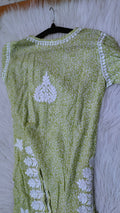 Green wrist cut premium mul soft cotton kurti with handmade Lucknow chikankari embroidery by LVW Fashions.