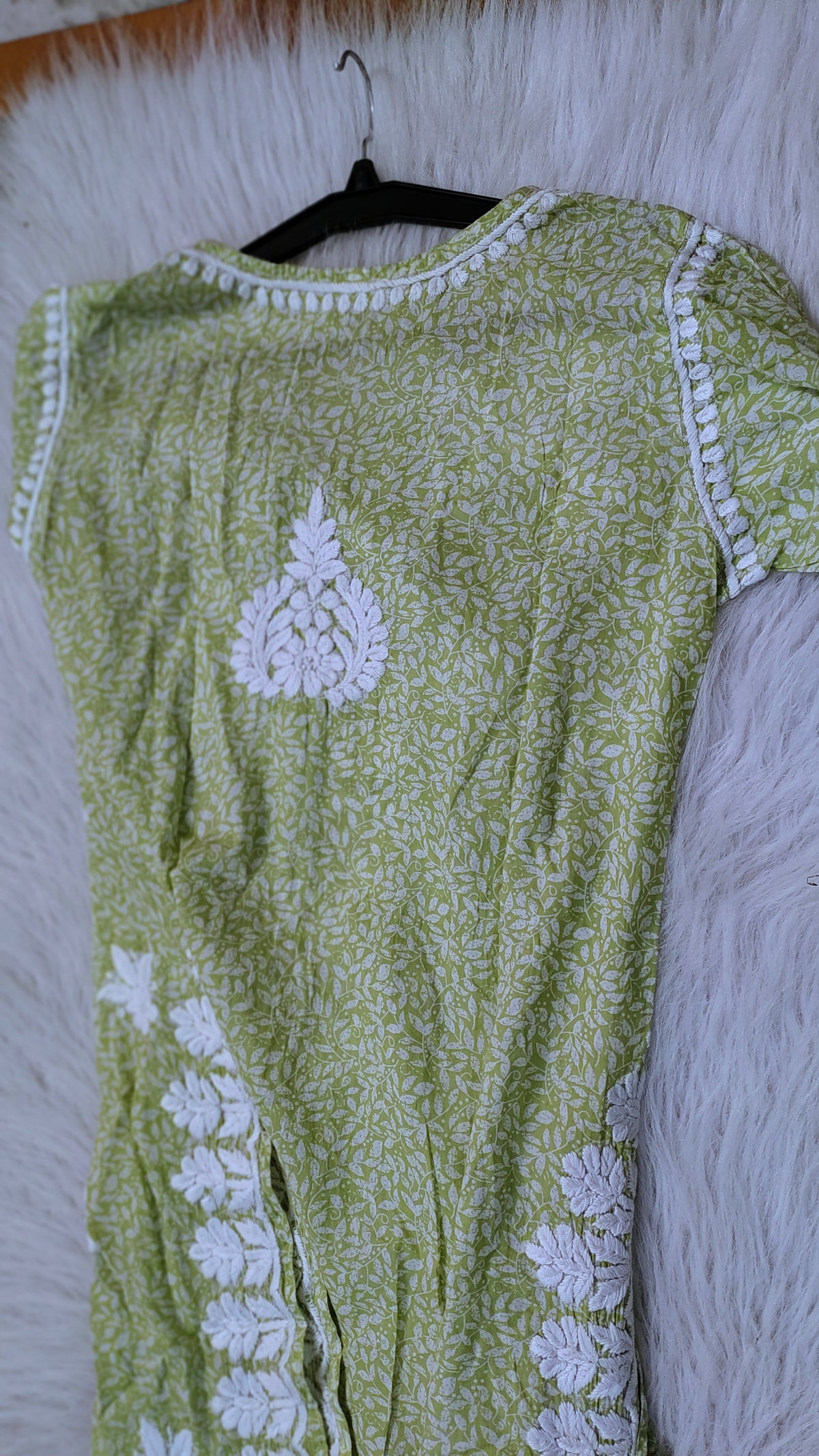 Green wrist cut premium mul soft cotton kurti with handmade Lucknow chikankari embroidery by LVW Fashions.