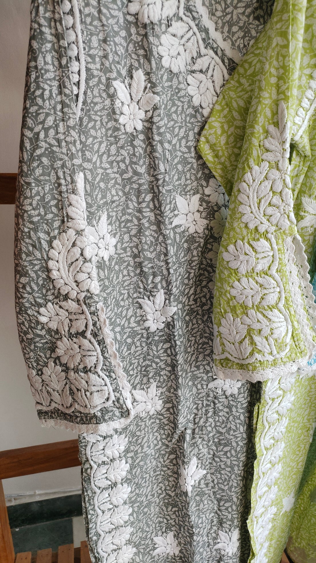 Green wrist-cut premium mul soft cotton kurti by LVW Fashions featuring handmade Lucknow Chikankari embroidery.