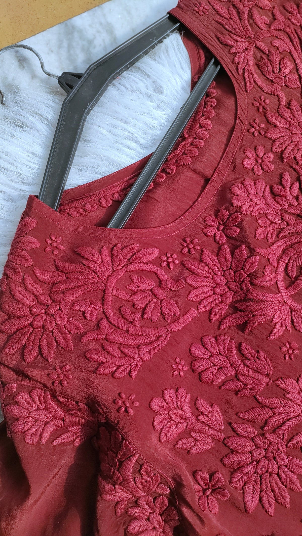 Handmade Lucknow Chikankari silk tunic set in Afgani style by LVW Fashions, featuring intricate embroidery and a premium silk finish.