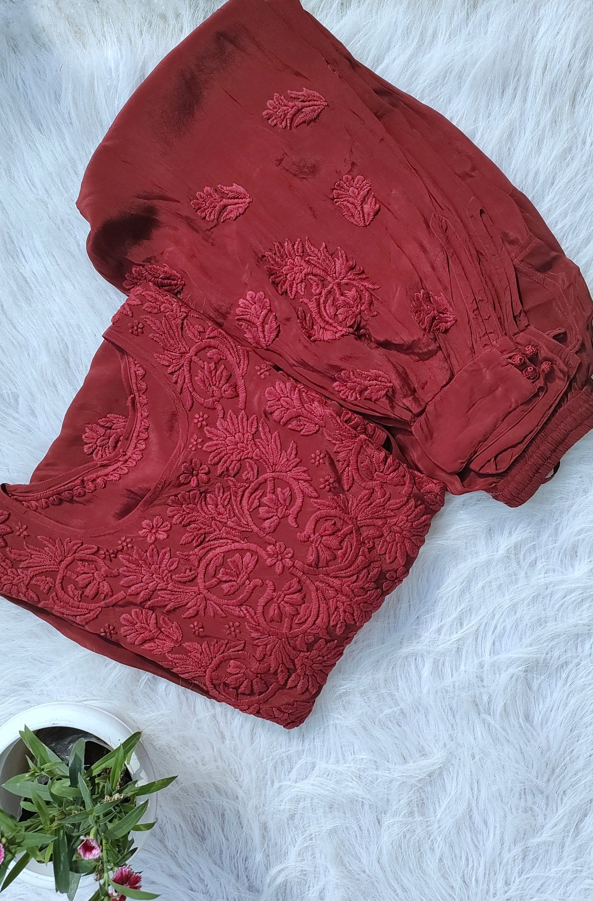 Handmade Hickey Kiss Premium Silk Afgani Tunic Set with Lucknow Chikankari embroidery by LVW Fashions.