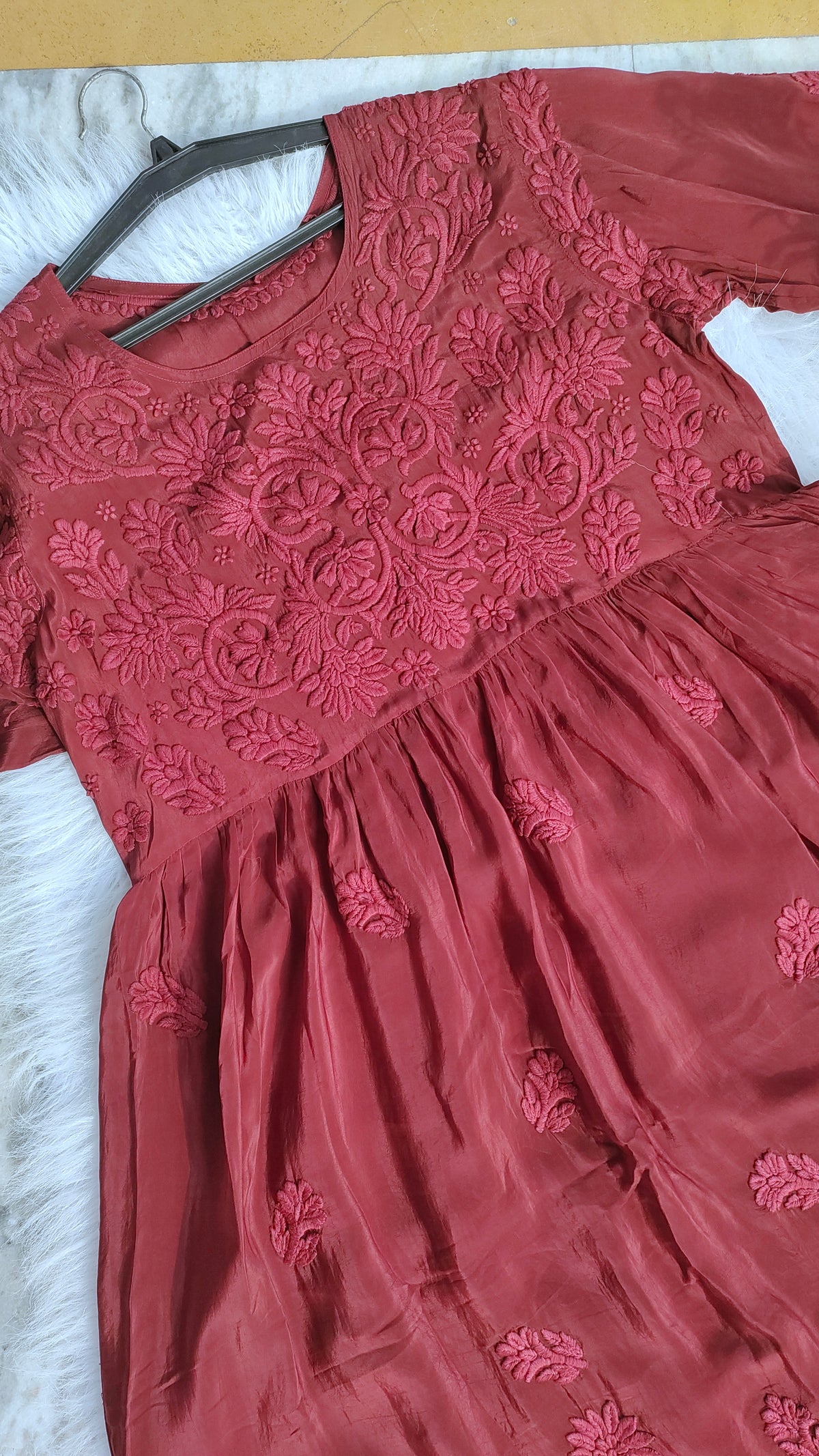 Hickey Kiss Premium Silk Afgani Tunic Set by LVW Fashions featuring handmade Lucknow Chikankari embroidery on a silk kurta.