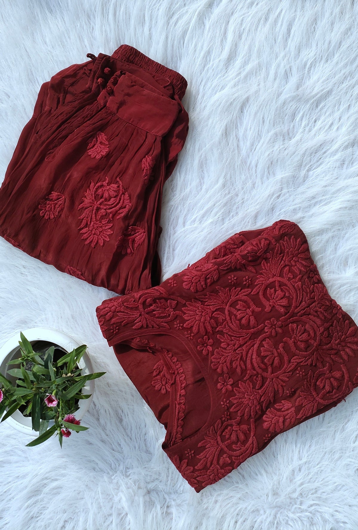 Hickey Kiss Premium Silk Afgani Tunic Set by LVW Fashions featuring handmade Lucknow Chikankari kurta and matching tunic in silk