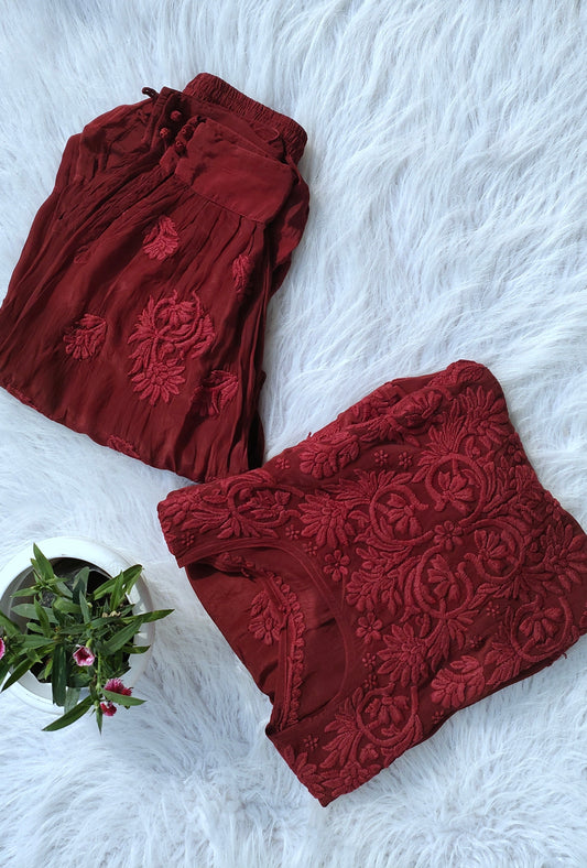 Hickey Kiss Premium Silk Afgani Tunic Set by LVW Fashions featuring handmade Lucknow Chikankari kurta and matching tunic in silk