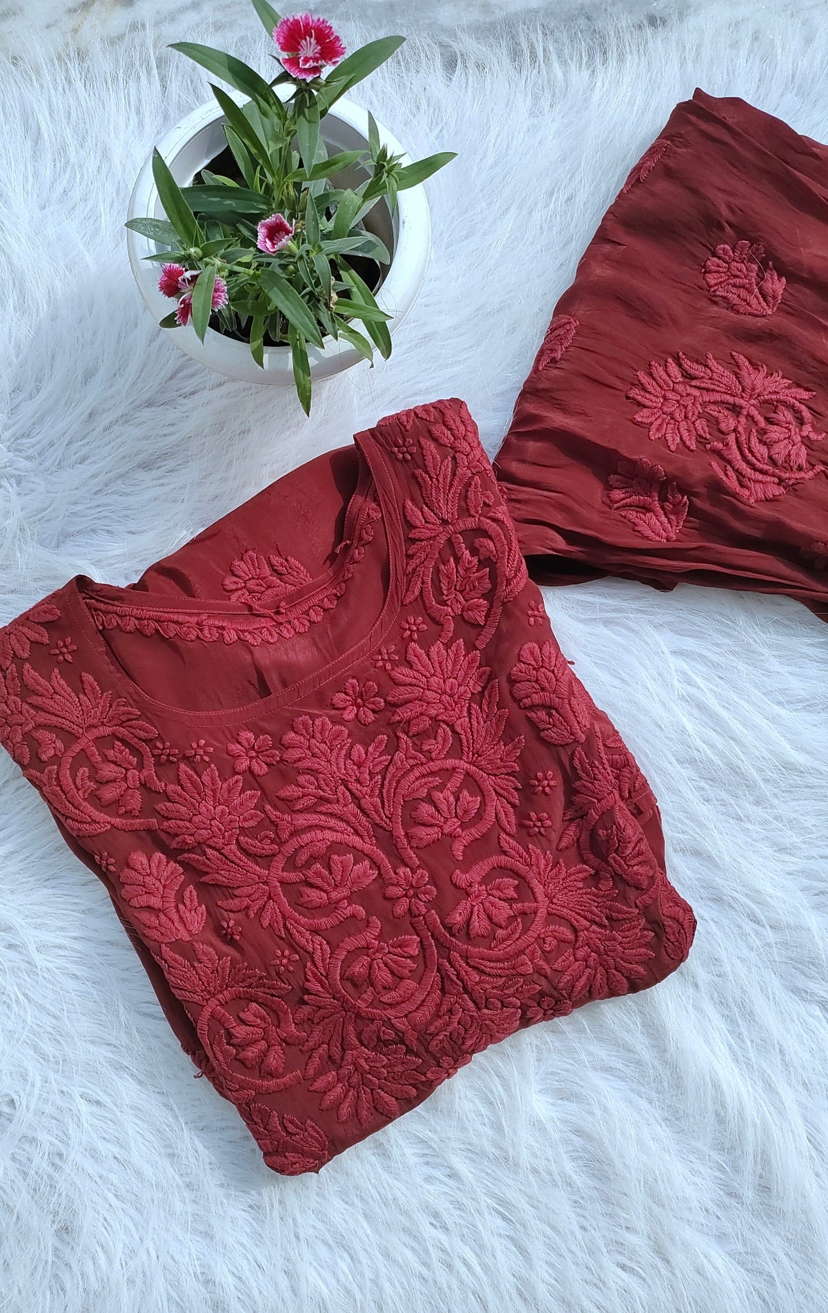 Handmade Lucknow Chikankari silk tunic set by LVW Fashions, featuring intricate embroidery and a premium Afgani design.