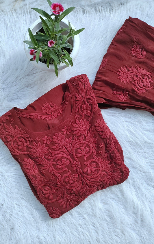 Handmade Lucknow Chikankari silk tunic set by LVW Fashions, featuring intricate embroidery and a premium Afgani design.
