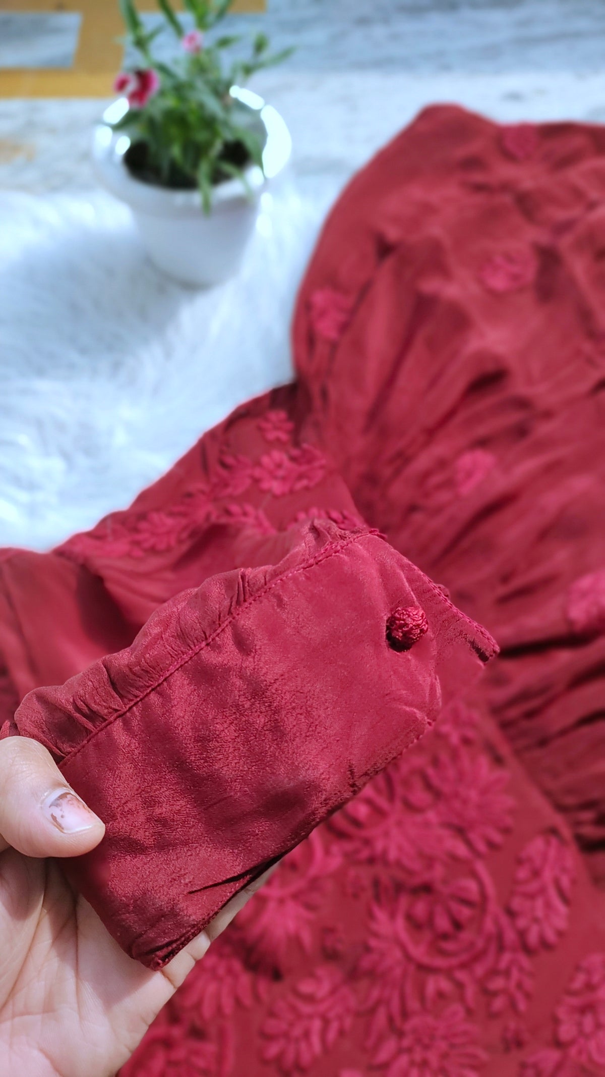 Handmade Lucknow Chikankari silk Afgani tunic set by LVW Fashions featuring intricate embroidery and a premium silk fabric.