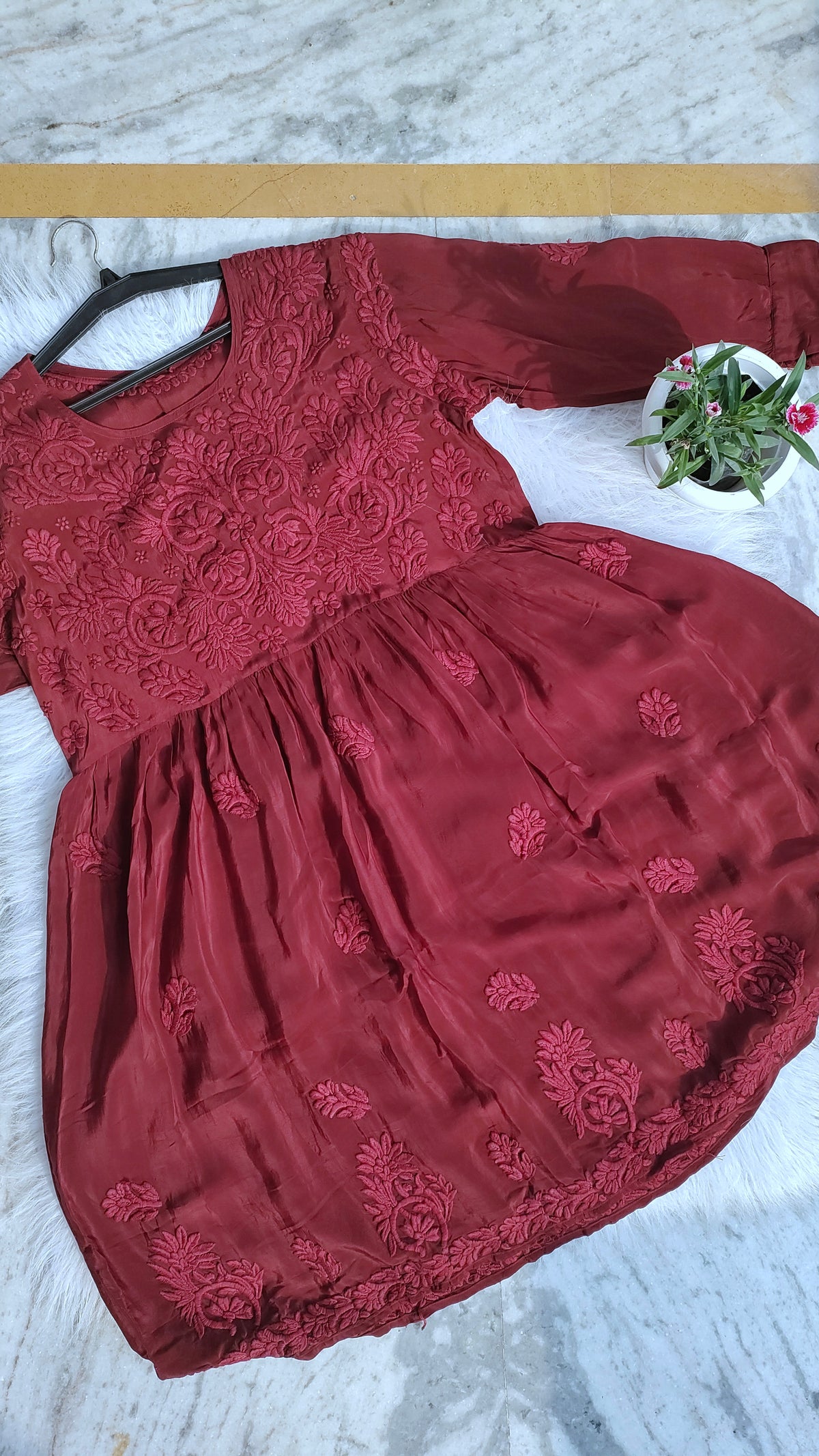 Handmade Lucknow Chikankari silk tunic set by LVW Fashions, featuring intricate embroidery and a premium Afgani design.