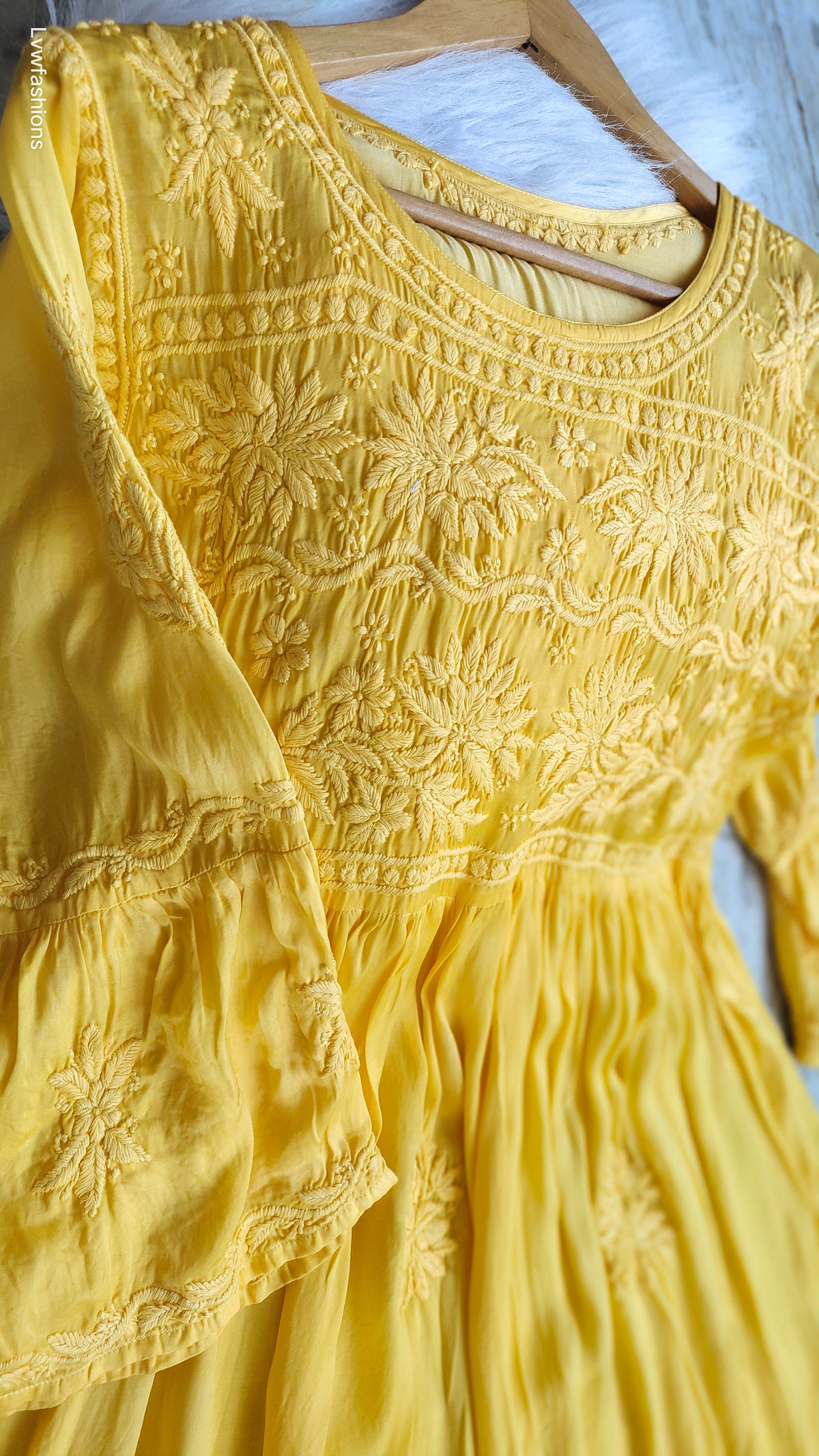 Iriana premium silk Chikankari tunic and dhoti set by LVW Fashions, featuring intricate handmade Lucknow Chikankari embroidery.