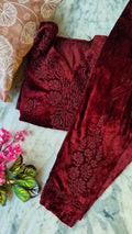 Reddish maroon Kashmiri Makhmal Chikankari co-ord set by LVW Fashions, featuring handcrafted Lucknow Chikankari kurta and pants.