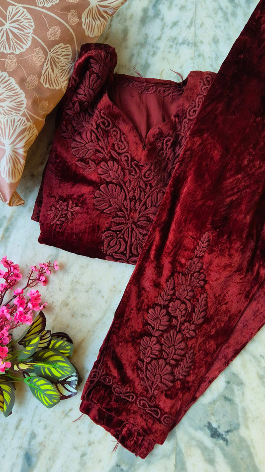Reddish maroon Kashmiri Makhmal Chikankari co-ord set by LVW Fashions, featuring handcrafted Lucknow Chikankari kurta and pants.