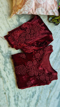 Reddish maroon Kashmiri Makhmal Chikankari co-ord set with handcrafted Lucknow Chikankari and kurta, made by LVW Fashions.
