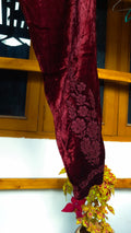 Reddish maroon Kashmiri Makhmal handcrafted Chikankari co-ord set by LVW Fashions, featuring intricate Lucknow Chikankari embroidery.
