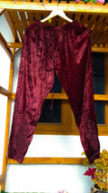 Handcrafted Kashmiri Makhmal reddish maroon Chikankari co-ord set by LVW Fashions, featuring traditional Lucknow embroidery and kurta design.