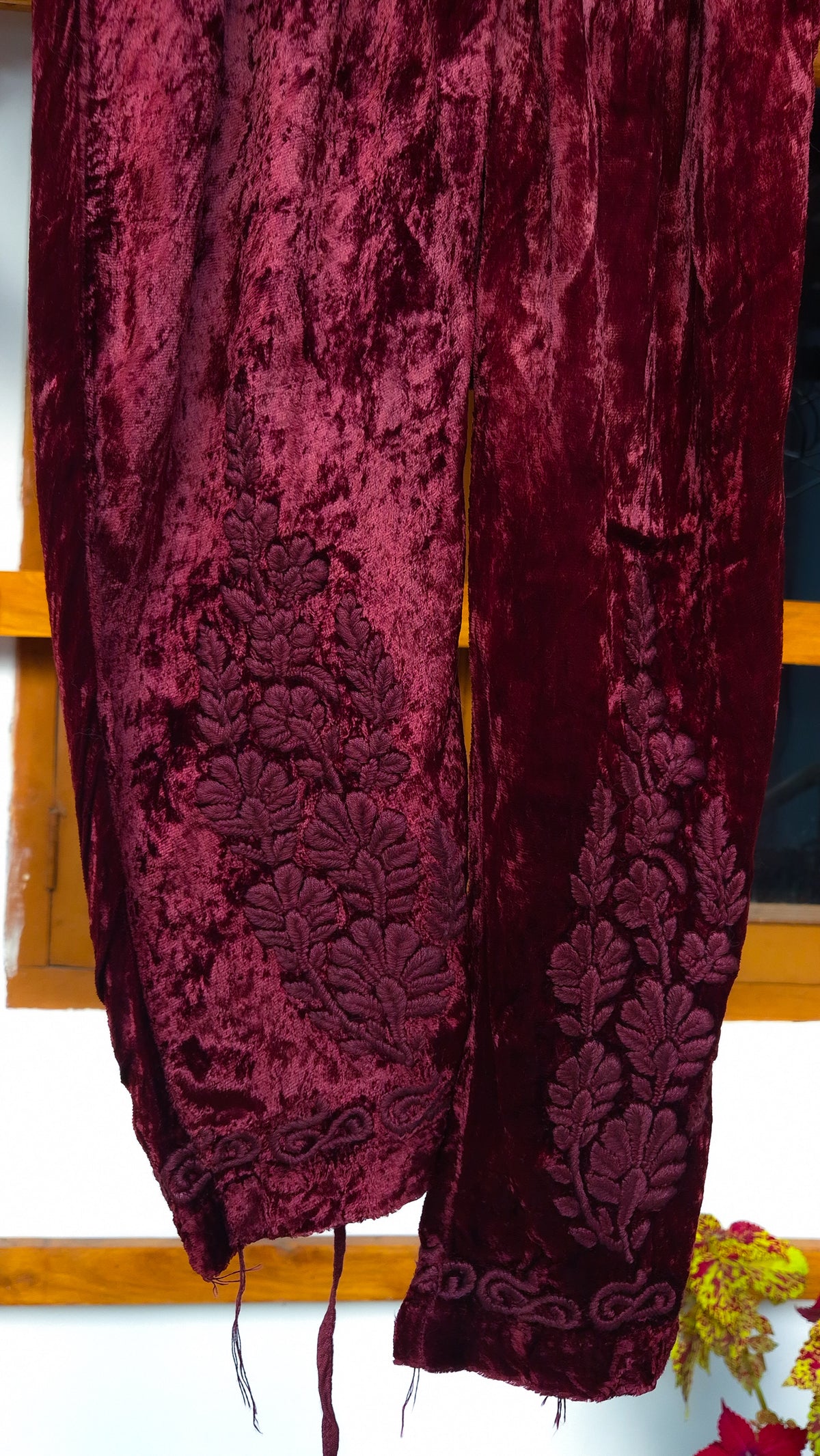 Handcrafted Kashmiri Makhmal reddish maroon Chikankari co-ord set by LVW Fashions, featuring traditional Lucknow embroidery.