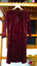 Reddish maroon Kashmiri Makhmal handcrafted Chikankari co-ord set by LVW Fashions, featuring traditional Lucknow embroidery and kurta.