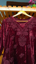 Reddish maroon Kashmiri Makhmal handcrafted Chikankari co-ord set by LVW Fashions, featuring traditional Lucknow-style embroidery.