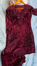 Handcrafted Kashmiri Makhmal reddish maroon Chikankari co-ord set by LVW Fashions, featuring intricate Lucknow embroidery and pure fabric.