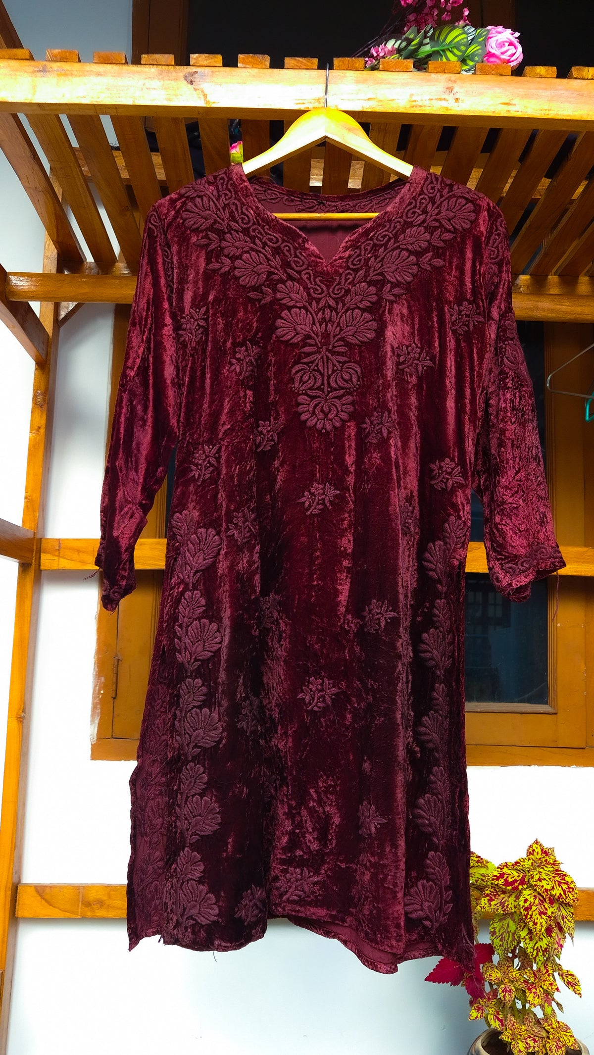 Handcrafted Kashmiri Makhmal reddish maroon Chikankari co-ord set by LVW Fashions, featuring intricate Lucknow Chikankari embroidery.