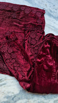 Handcrafted Kashmiri Makhmal reddish maroon Chikankari co-ord set by LVW Fashions, featuring traditional Lucknow-style embroidery.