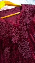 Handcrafted Kashmiri Makhmal reddish maroon Chikankari co-ord set by LVW Fashions, featuring traditional Lucknow embroidery and kurta style.