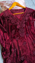 Reddish maroon Kashmiri Makhmal handcrafted Chikankari co-ord set with kurta and bottoms, traditional Lucknow Chikankari by LVW Fashions.