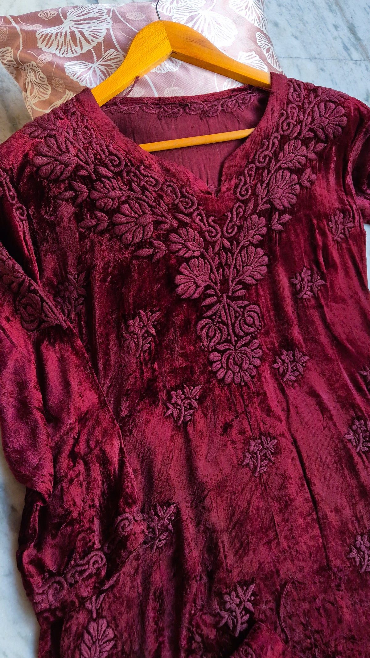 Reddish maroon Kashmiri Makhmal handcrafted Chikankari co-ord set with kurta and bottoms, traditional Lucknow Chikankari by LVW Fashions.