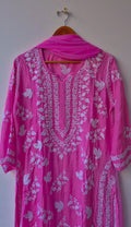 Adaya Silk Cotton Chikankari Kurta Set by LVW Fashions featuring handcrafted leaf embroidery and a matching dupatta.