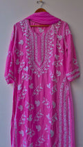 A handcrafted Adaya Silk Cotton Chikankari Kurta Set with leaf motifs, featuring intricate Lucknow Chikankari embroidery and matching dupatta.