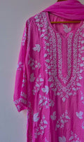 Handcrafted Adaya Silk Cotton Chikankari Kurta Set with leaf motifs by LVW Fashions, includes matching dupatta, vintage Lucknow embroidery.