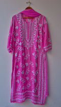 Handcrafted Adaya Silk Cotton Chikankari Kurta Set with leaf embroidery from LVW Fashions, featuring traditional Lucknow chikankari design.