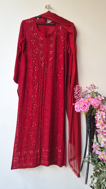 Noori Luxurious Chikankari Mukaish long kurta and dupatta set by LVW Fashions, handcrafted Lucknow chikankari design.