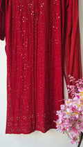 Handmade Noori Chikankari long kurta and dupatta set by LVW Fashions, featuring intricate Mukaish embroidery and traditional Lucknow craftsmanship.