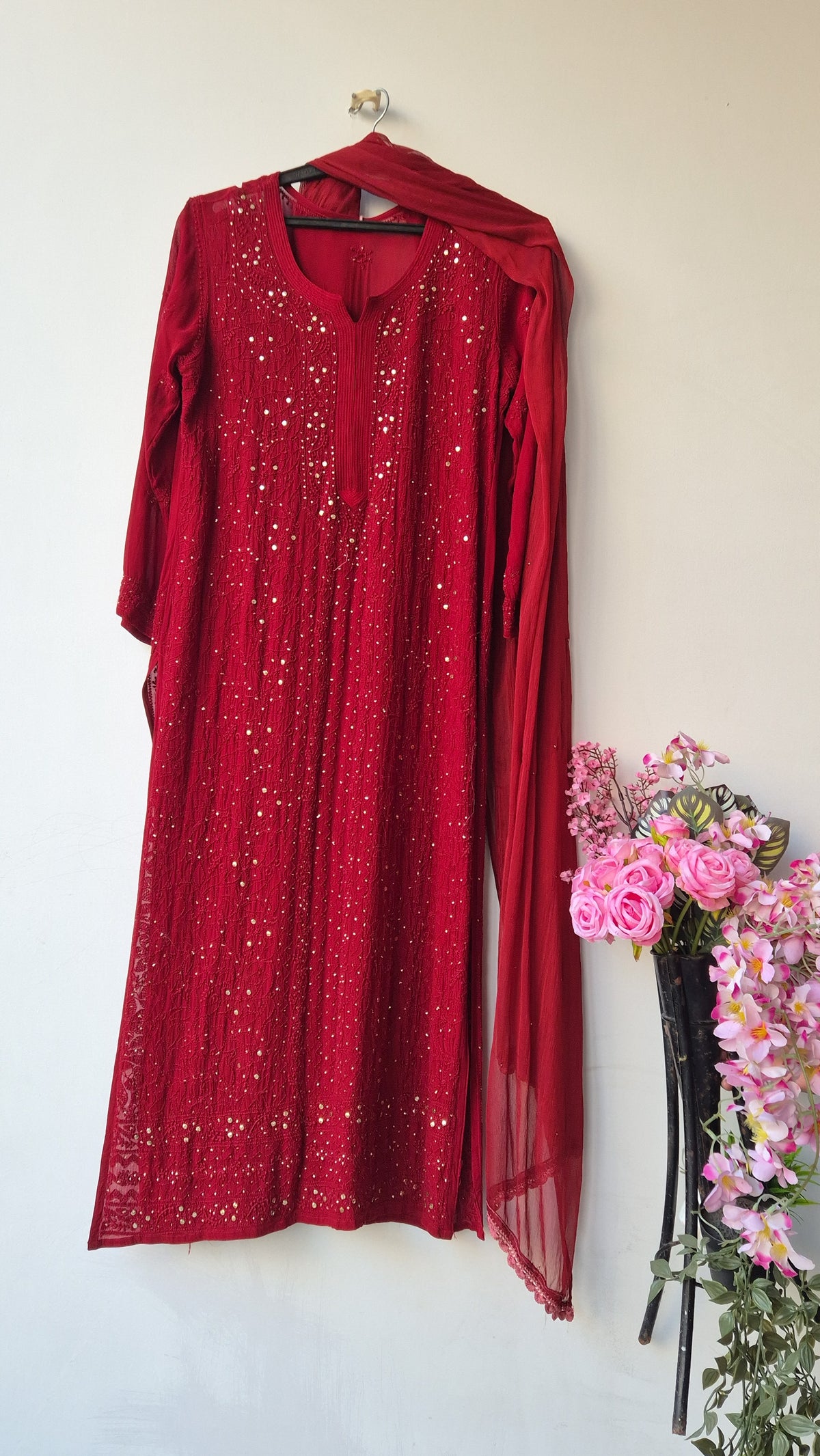 Noori luxurious Chikankari Mukaish long kurta and dupatta set by LVW Fashions, handmade Lucknow Chikankari with intricate embroidery.
