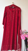 Noori luxurious Chikankari mukaish long kurta and dupatta set by LVW Fashions, handcrafted Lucknow Chikankari, detailed embroidery.
