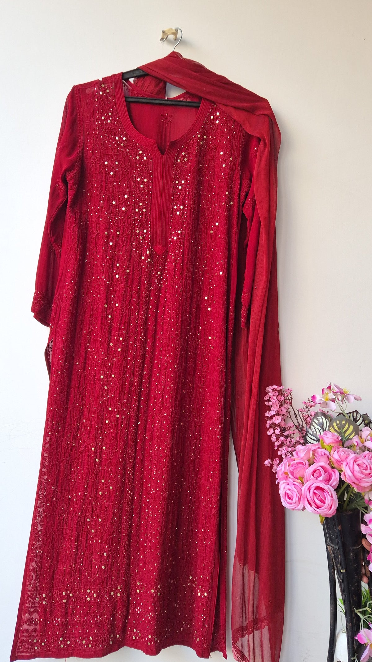 Noori luxurious Chikankari mukaish long kurta and dupatta set by LVW Fashions, handcrafted Lucknow Chikankari, detailed embroidery.