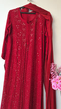 Noori luxurious Chikankari Mukaish long kurta and dupatta set by LVW Fashions, handmade Lucknow Chikankari, intricate embroidery.