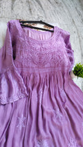 Lavender silk dhoti tunic co-ord set with frill sleeves by LVW Fashions, featuring handmade Lucknow Chikankari embroidery.