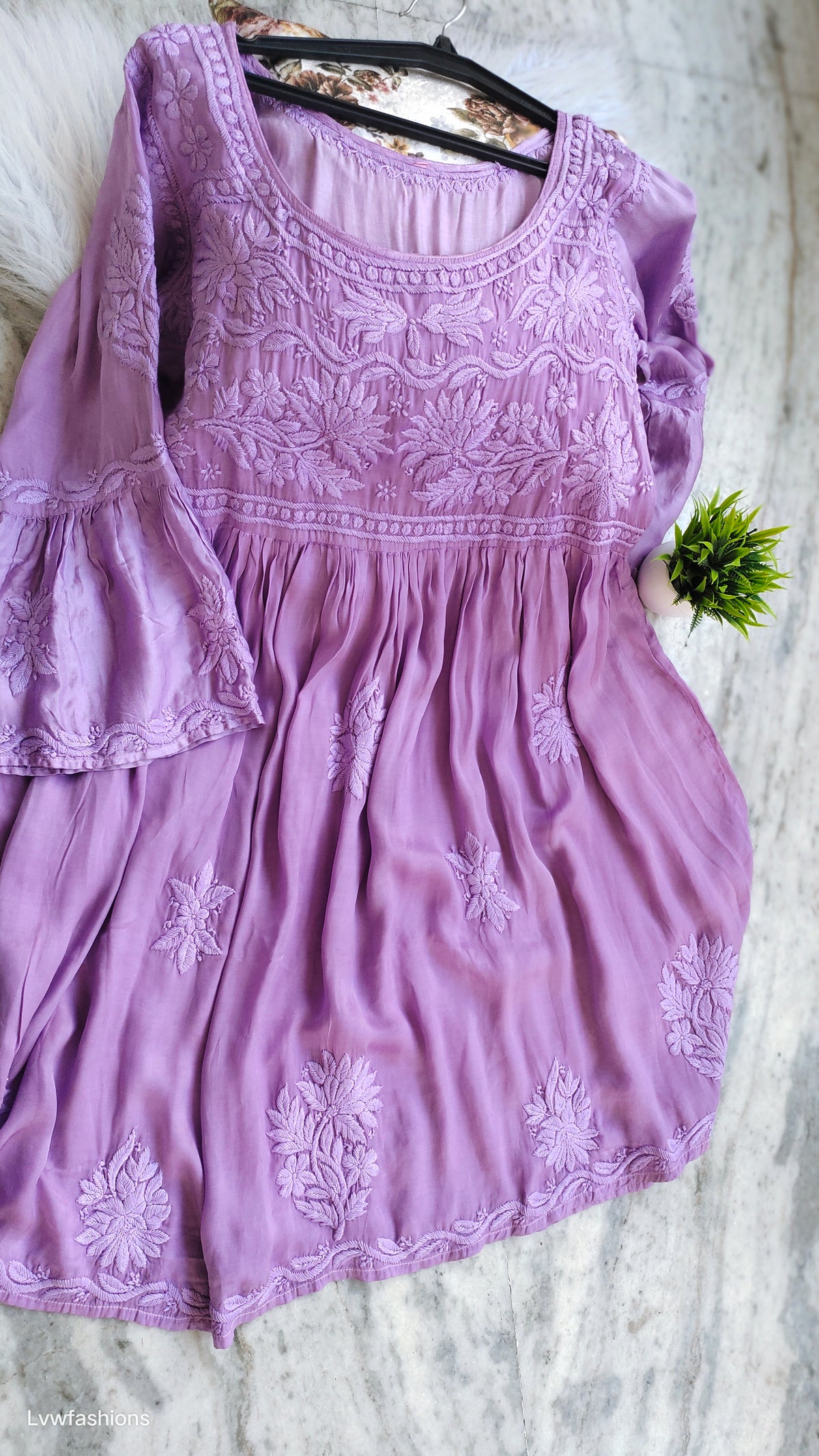 Lavender silk dhoti tunic co-ord set with frill sleeves, handmade Chikankari kurta by LVW Fashions, traditional Lucknow embroidery.