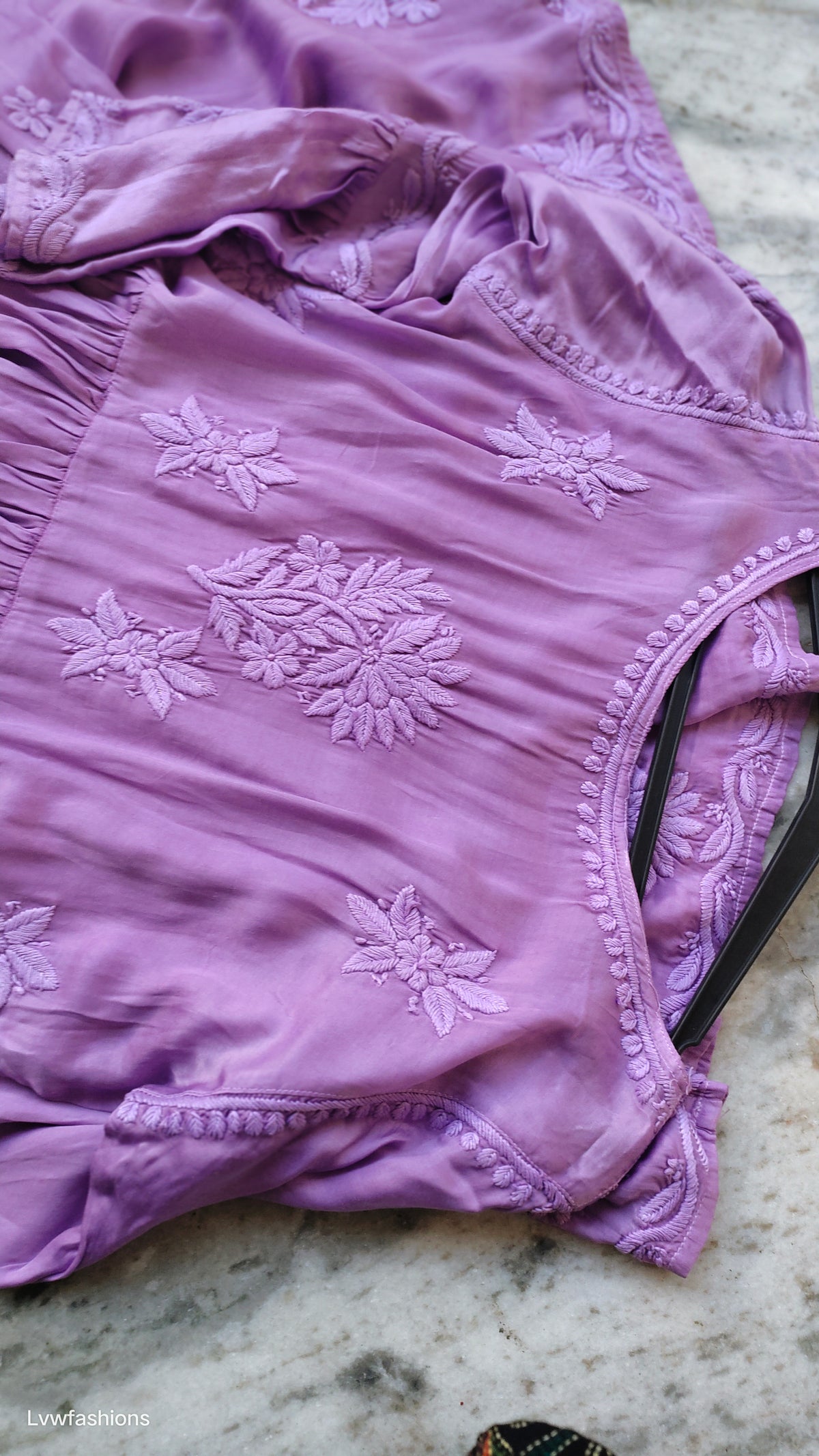Lavender silk dhoti tunic co-ord set with frill sleeves by LVW Fashions, featuring handmade Lucknow chikankari embroidery.
