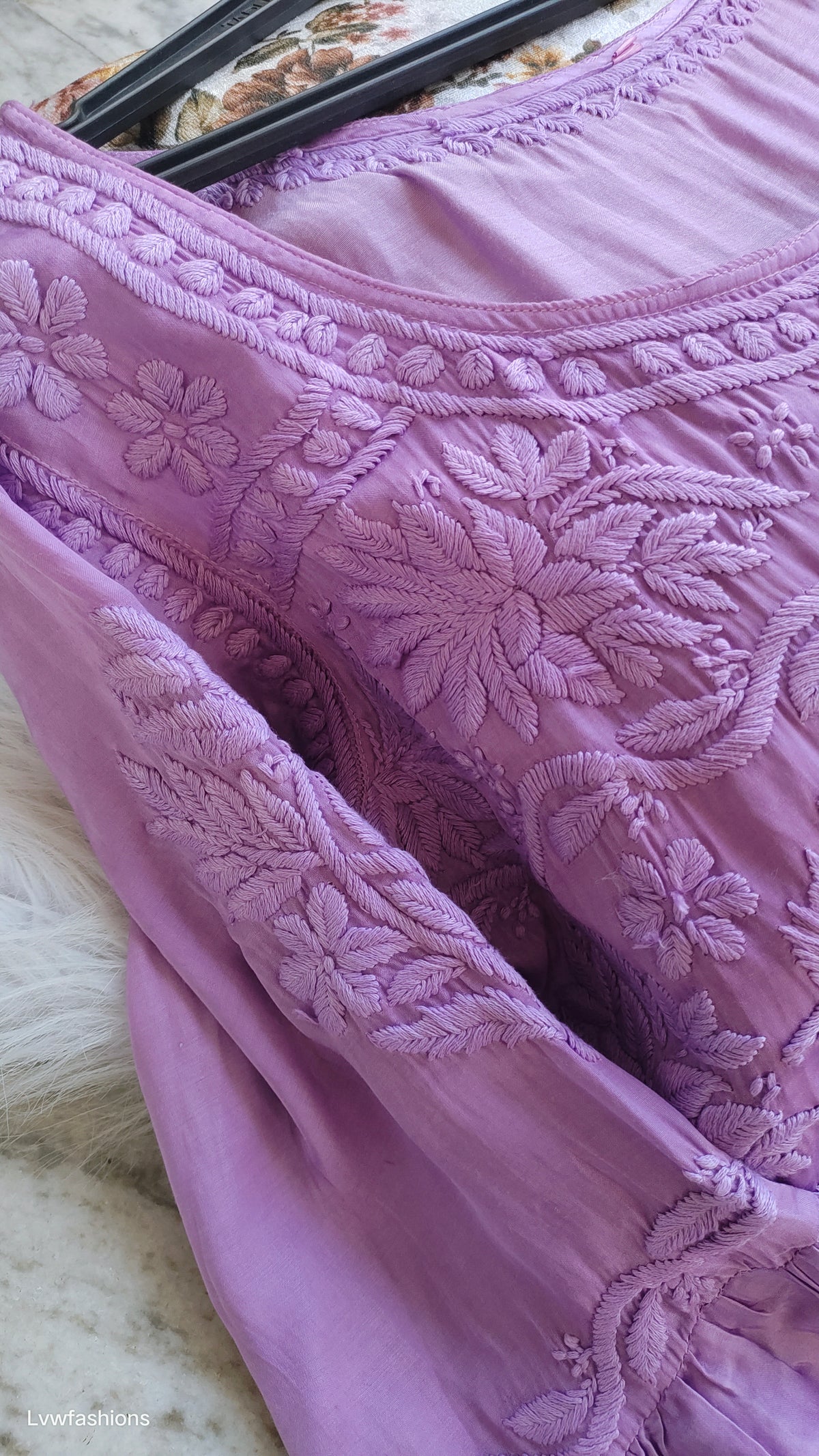 Lavender silk dhoti tunic co-ord set with frill sleeves, handmade Chikankari kurta from LVW Fashions, Lucknow craftsmanship.