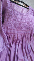 Lavender silk dhoti tunic co-ord set with frill sleeves, handcrafted Chikankari kurta by LVW Fashions, featuring traditional Lucknow embroidery.