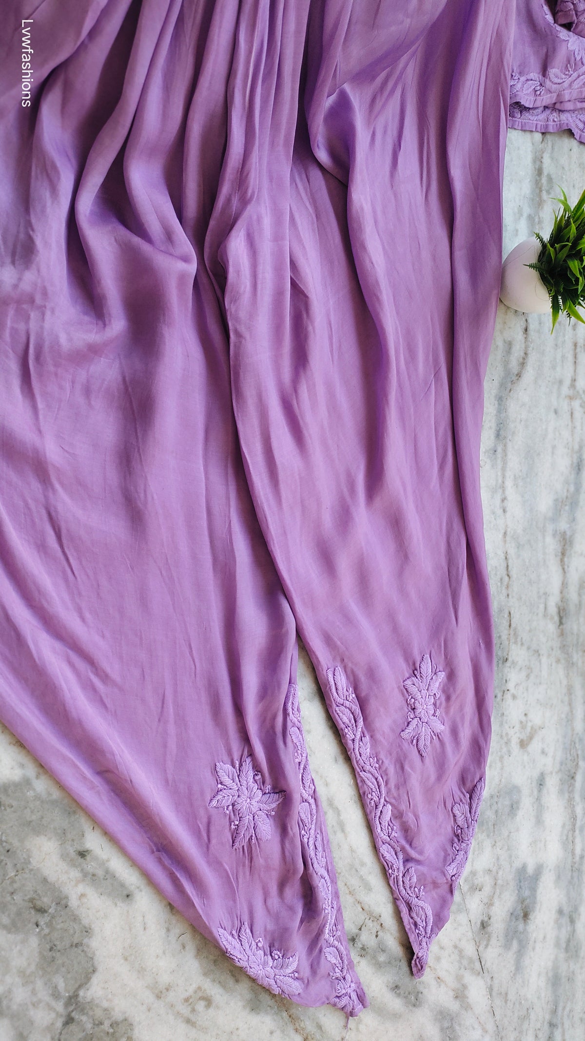 Lavender silk dhoti tunic co-ord set with frill sleeves, handmade Lucknow Chikankari Kurta by LVW Fashions.