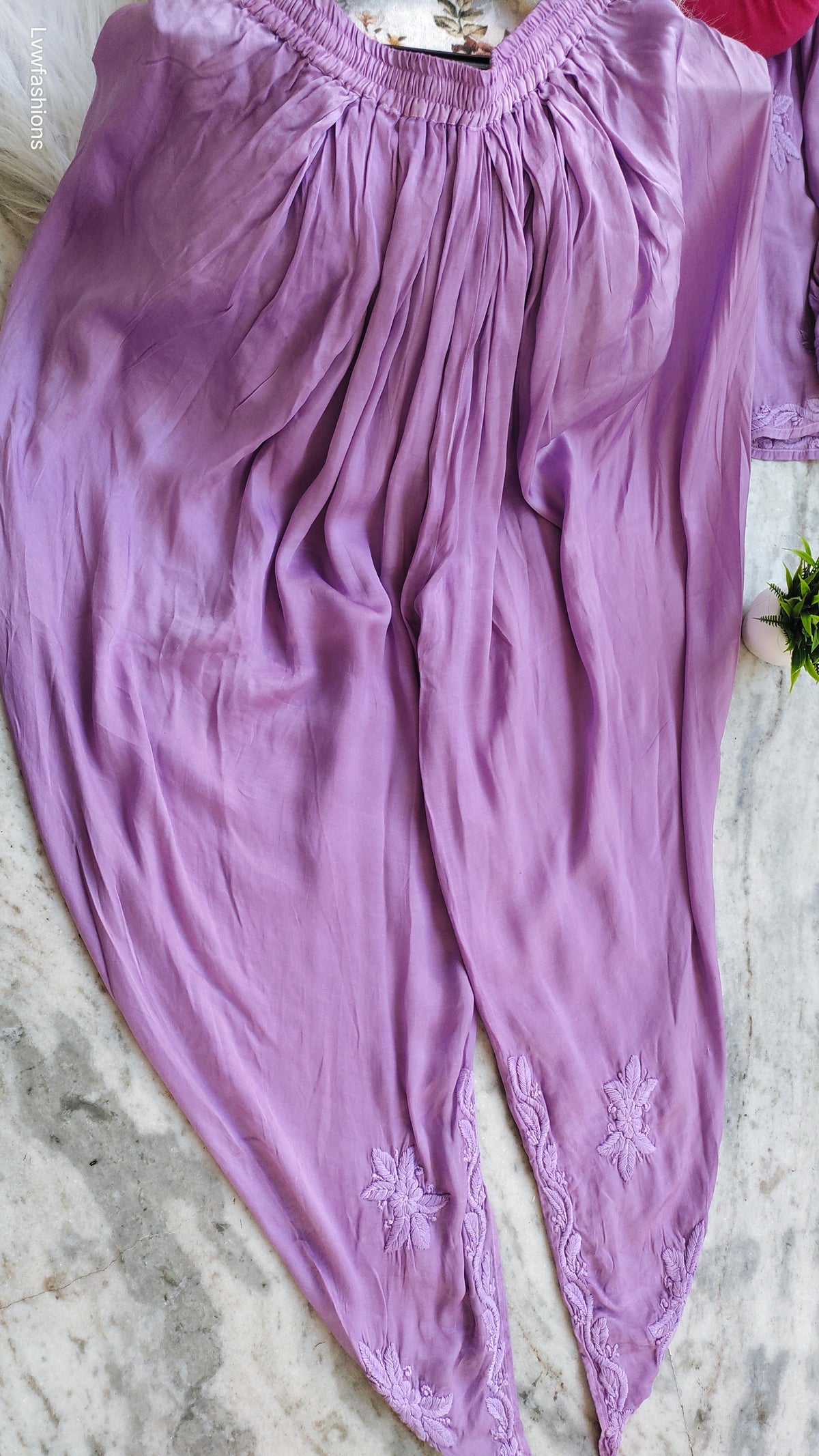 Lavender silk dhoti tunic co-ord set with frill sleeves, LVW Fashions handmade Chikankari kurta, elegant Lucknow Chikankari design