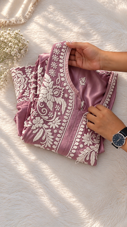Mauve Ombre  Azhel Co-ord Set With back And Sleeves Embroidery Special (One Creation)