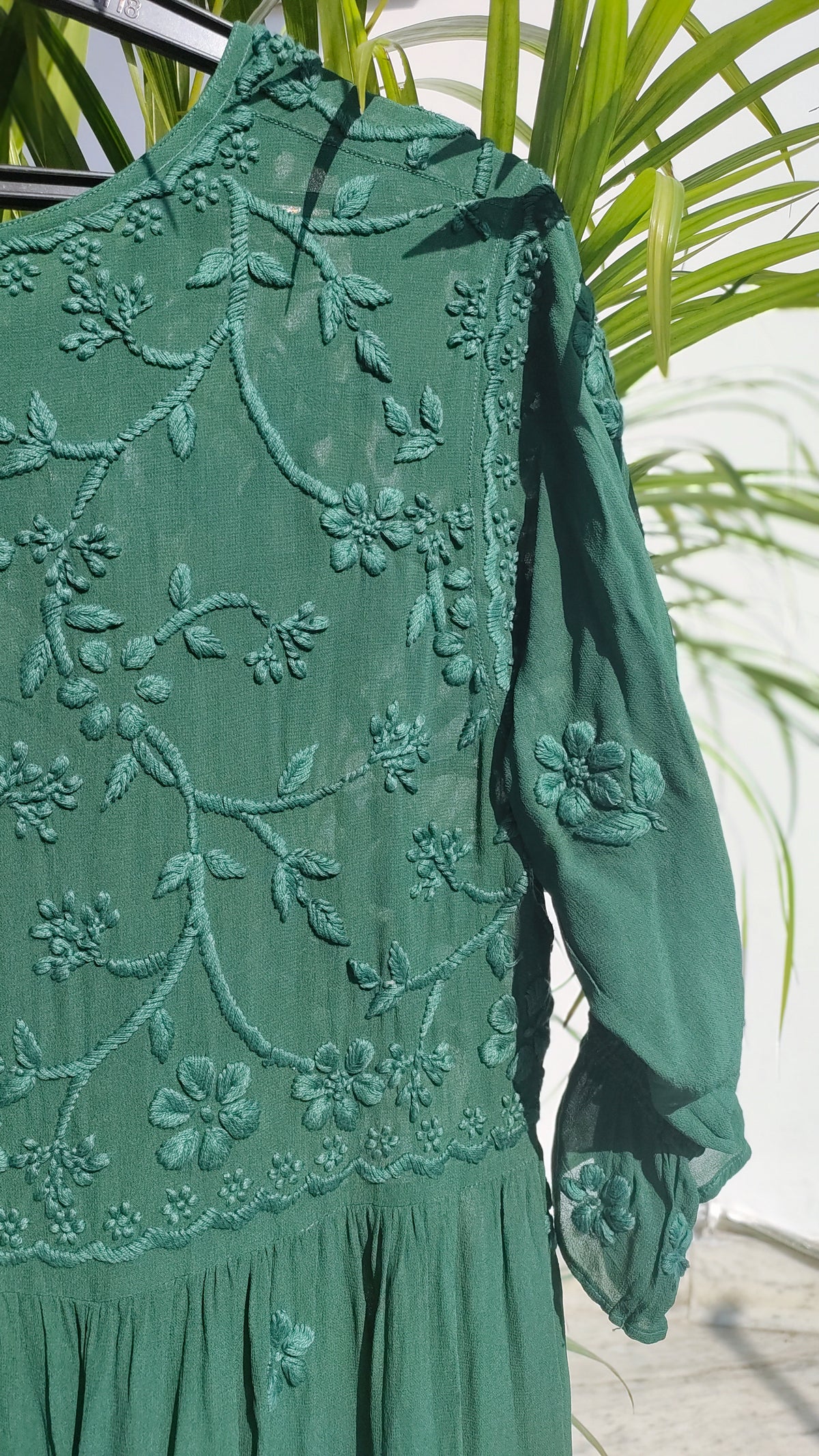 Handmade green Gazal Premium Georgette tunic with intricate both-side embroidery, from LVW Fashions' Lucknow Chikankari collection.